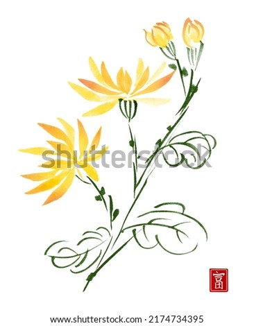 Watercolor and ink illustration of flowers. Yellow chrysanthemums flowers isolated on white background. Traditional oriental art painting sumi-e, u-sin, go-hua. Contains hieroglyph - wealth.