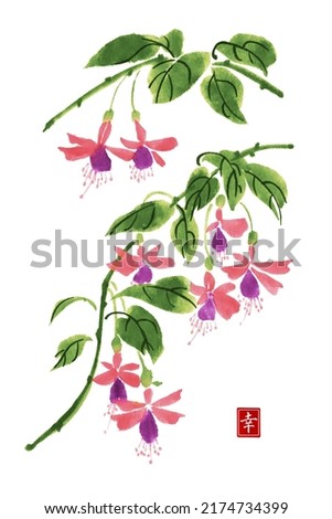 Watercolor and ink illustration of flowers. Fuchsia flowers isolated on white background. Traditional oriental art painting sumi-e, u-sin, go-hua. Contains hieroglyph - happiness.