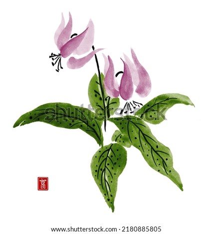 Watercolor and ink illustration of flowers. Cyclamens flowers isolated on white background. Traditional oriental art painting. Contains hieroglyph - wealth.