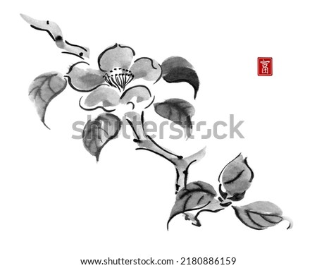 Ink illustration  branches of flowers. Camellia flowers isolated on white background. Traditional oriental art painting. Contains hieroglyph - wealth.