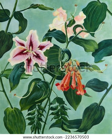 Painting with flowers lily decorated verdure with green leaves and background in a green pattern. Tropical botanical illustration. Can be used as a print for postcards, posters, invitation card Сток-фото © 