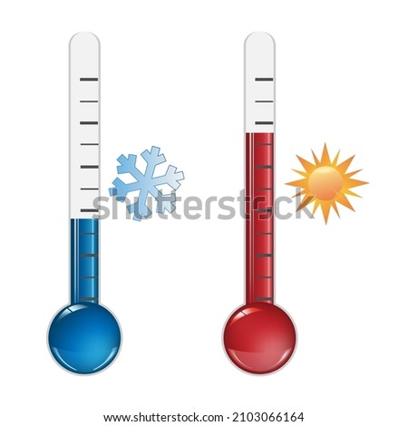 Two vectors realistic 3d meteorology, weather thermometer icon, scattered icons set, density on white background. Clip-art, design template for graphics. Vector