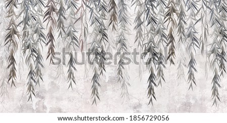Photo wallpaper, wallpaper, mural design in the loft, classic, modern style. Willow branches on a gray concrete grunge wall. 