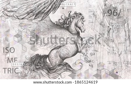 Beautiful graphic drawn pegasus with wings and geometry on a grey concrete grunge wall. Design for wallpaper, photo wallpaper, mural, card, postcard. Illustration in the loft, classic, modern style.