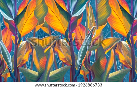 Drawn exotic tropical leaves on concrete grunge wall. Floral background. Design for wallpaper, photo wallpaper, mural, card, postcard. Stockfoto © 