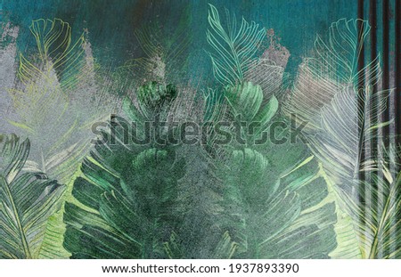 Tropical leaves on concrete grunge wall. Floral background. Great choice for wallpaper, photo wallpaper, mural, poster, card, postcard.