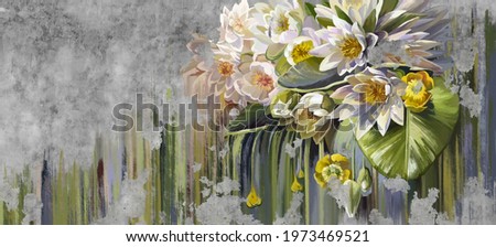 Water lilies, pitchers oil painted. Flowers painted on a concrete grunge wall. Stunningly beautiful, modern mural, wallpaper, photo wallpaper, cover, postcard design.