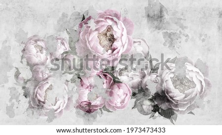 Peonies flowers painted on a concrete grunge wall. Photo wallpaper, wallpaper, mural, card, postcard design in the modern, loft style.