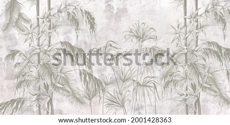Graphic exotic leaves and flowers, tropical brunches on the concrete grunge wall. Light background. Illustration for photo wallpaper, mural, card, postcard. Design in the loft, classic, modern style. 
