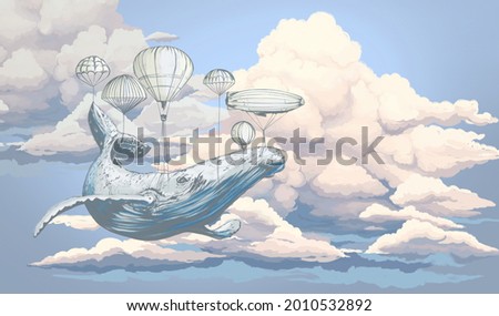 Bright colourful sky wallpaper. Whale in the sky with air balloons. Illustration of clouds on a blue background. Beautifully painted sky.Drawn book illustration, card, postcard, wallpaper, mural