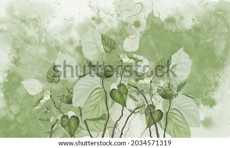 Curly branches. Beautiful painted flowering branches on the abstract green watercolor wall. Floral background in loft, modern style. Design for wall mural, card, postcard, wallpaper, photo wallpaper.