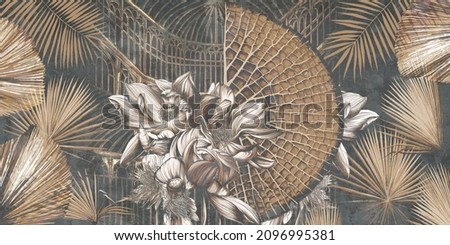 Graphic illustration of a greenhouse. Floral wallpaper with exotic jungle leaves and water lilies.  Abstract botanical design for photo wallpaper, wallpaper, mural, card.