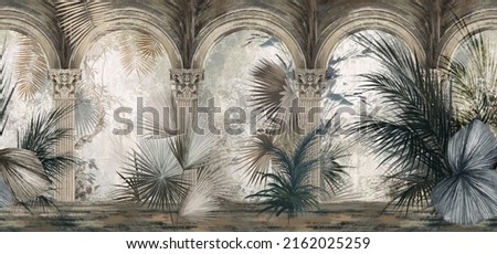 Drawn tropical, exotic plants and leaves among the columns. Floral background for mural, wallpaper, photo wallpaper, postcard, card. Loft, modern, classic design.	
 Stockfoto © 