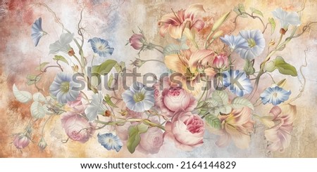 Flowers illustration on light concrete grunge wall. Loft, modern, classic, baroque, rococo design for interior projects, wallpaper, photo wallpaper, mural, poster, home decor, card. 商業照片 © 