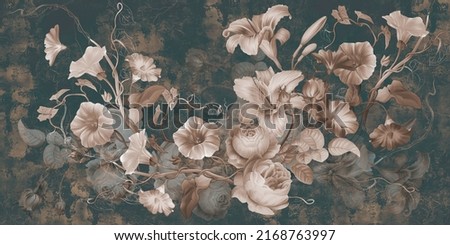 Flowers illustration on dark concrete grunge wall. Loft, modern, classic, baroque, rococo design for interior projects, wallpaper, photo wallpaper, mural, poster, home decor, card. 商業照片 © 