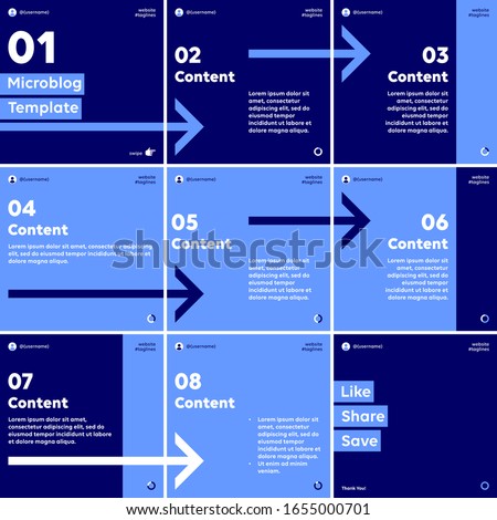 Microblog template for social media with dark and pastel blue arrows background, carousel continious slides.