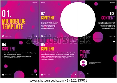 Microblog carousel slides template for social media with pink purple gradient circles theme.