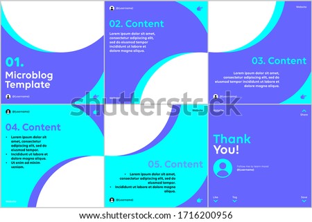 Microblog carousel slides template for social media with flat cyan and blue, half circles theme.