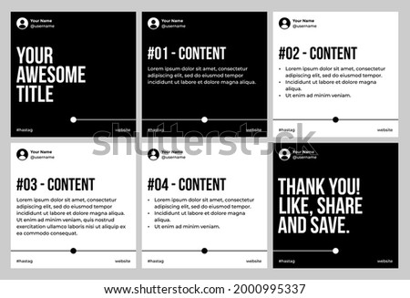 Microblog carousel slides template for social media with black and white points line theme.