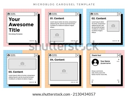 Microblog carousel slides template for social media. Six editable page with old computer aesthetic theme.