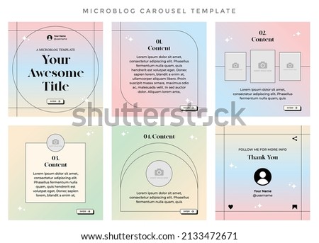 Microblog carousel slides template for social media. Six pages with aesthetic gradient pastel colors background