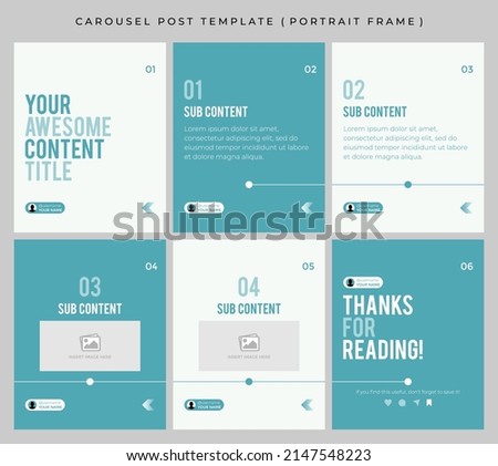 Carousel post template for social media. Microblog style, six page, portrait frame, modern simple minimalist style with turquoise color theme.