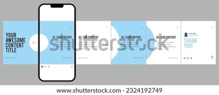 Microblog or carousel post template design for social media. Six page in portrait frame, modern simple minimalist style with ice blue and white color theme.