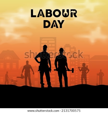 Celebration International Workers Day with sunset background. Happy Labour Day background with silhouette of workers.
