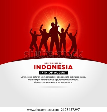 Shiny Indonesia Independence Day design with silhouette of cheerful youth vector.