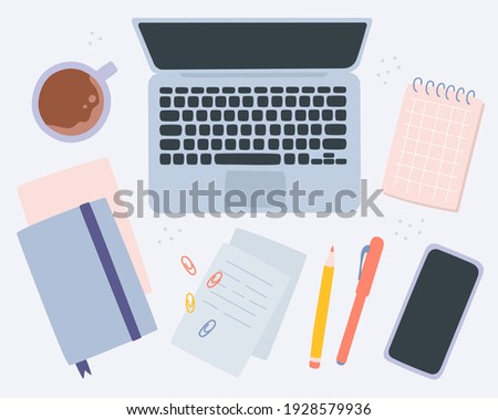 Cute vector illustration of workspace top view. Freelance desktop with cup of coffee, laptop, notebooks, pencil, smartphone and pen. Working at home. Cartoon style. Business elements concept
