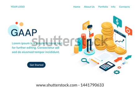 GAAP - Generally Accepted Accounting Principles website template ensuring an internationally understood language for accounting and analytics with illustration of an accountant with money and graphs