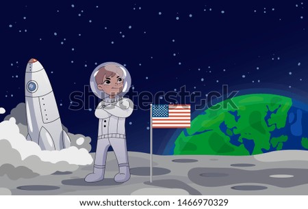 American astronaut standing on the moon alongside the USA flag with a rocket in the background. Earth rising in the background. Cartoon style. Vector illustration