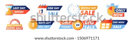 Sale countdown badges. One week sale banner, last day offer, only now, last chance super sale and other promo stickers. business limited special promotions, best deal badge. Isolated vector icons set