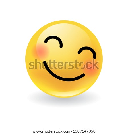 Cute happy yellow round emoticon with a beaming smile blushing in embarrassment with red cheeks over white with a drop shadow, vector illustration
