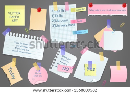 Paper notes on stickers, notepads and memo messages torn paper sheets. Sticky notepaper posts of meeting reminder, to do list and office notice or information board. Vector illustration