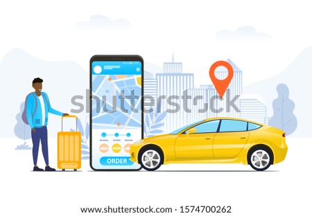 Ordering or hailing a ride by car online concept with a traveller standing with a suitcase alongside a mobile phone with app and map location pin over a yellow car, vector illustration