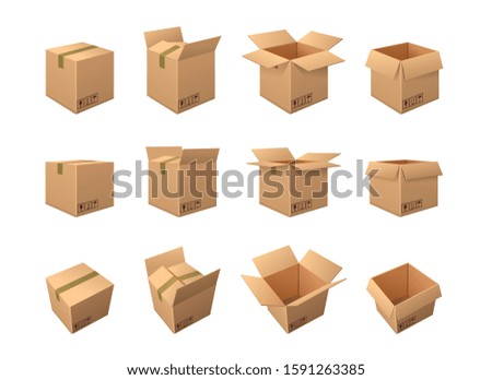 Large set of twelve different brown cardboard packing boxes showing it taped shut, partially opened and with all the flaps wide open isolated on white, vector illustration