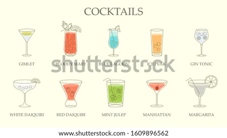 Set of line drawings of different cocktails in assorted shaped glasses with explanatory text below over an off white background. Vector illustration