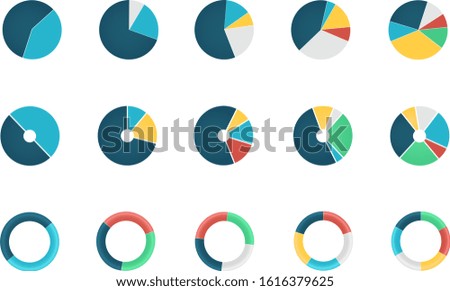Set of wheel chart icons or round diagrams with various sectors isolated on white background