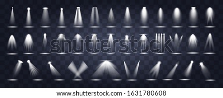 Large set of stage lighting Vector icons showing spotlights shining down through the darkness with various orientations, narrow or broad beams, and single through to four beams together
