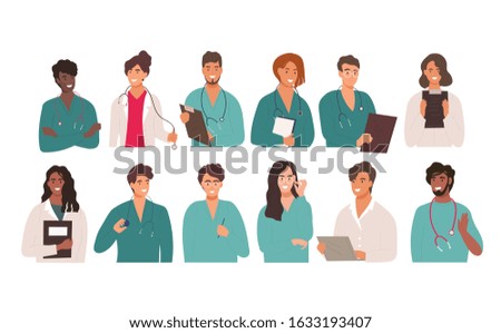 Large set of twelve different multiracial doctors in theatre garb, scrubs, lab coats with men and woman and interns, vector illustration isolated on white