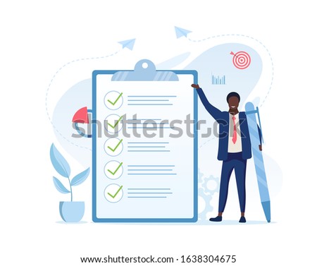 Fulfilment of business tasks concept with a businessman holding a large pen standing alongside a clipboard with a to do list where all tasks have been ticked off as being complete, vector illustration