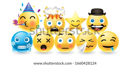 Set round emitions with expressive faces for a party, dismay, gent in bowler hat, sad, tired, bashful, crying on white with drop shadows, vector design elements