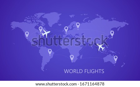 World map with big cities airports and couple of planes during their transcontinental flights