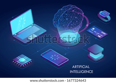 Artificial Intelligence or AI concept with a network style brain suspended above a digitial device beaming down data to the screen, with laptop, phone, credit card and watches, vector illustration