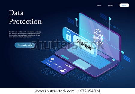 Digital and data protection concept with a credit card alongside an open laptop with security password projection and fingerprint on the screen over a circuit board, vector illustration