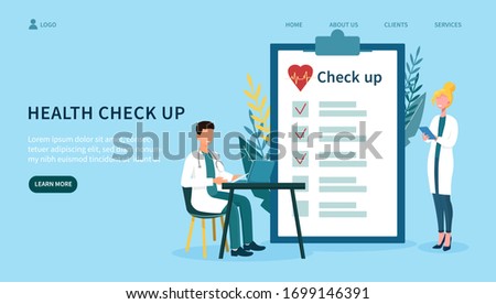 Concept of medical health check up, with two doctors, man working on laptop and woman standing near a big clipboard of health checklist. Flat vector illustration Stock fotó © 