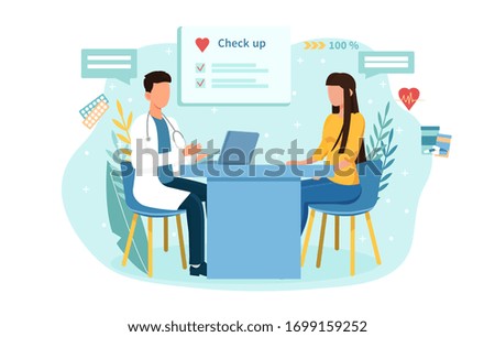 Woman in a doctors surgery getting a Health Check seated across the desk from him as he enters her records on a computer, vector illustration