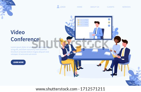 Illustrated video conference theme and team in online call. Vector illustration