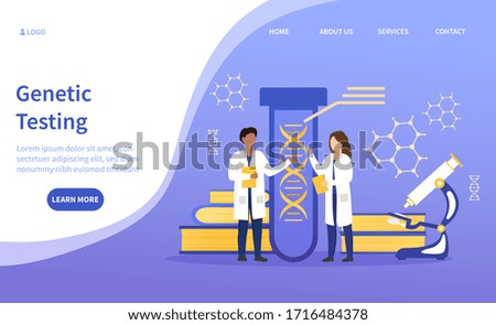 Two scientists doing genetic testing standing in a medical laboratory in front of a test tube with large DNA molecule, colored vector illustration with copy space